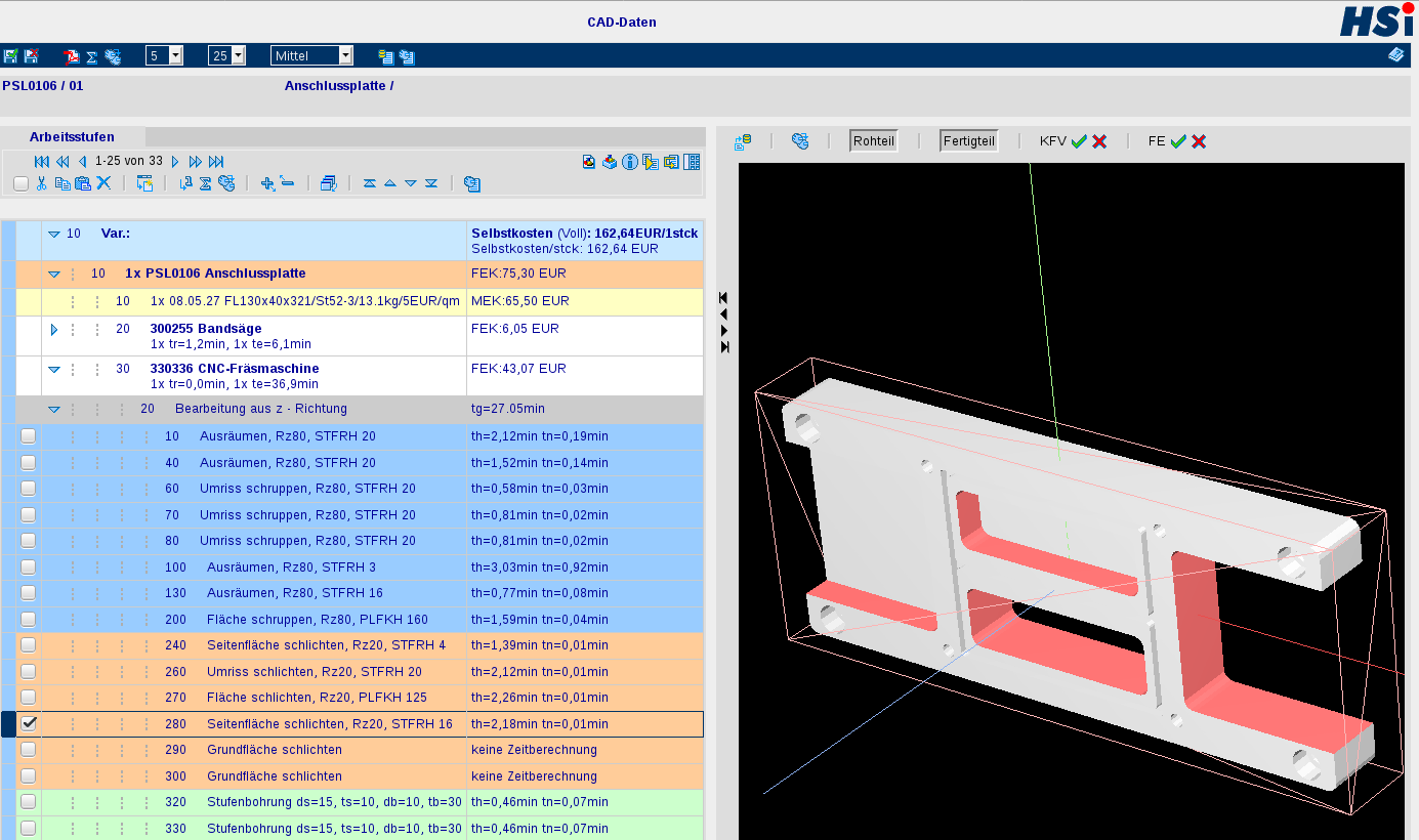 Result of the generated sequence of operations with work steps and
calculated times; visualization of the machining in the 3D model