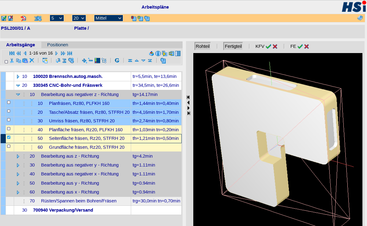 Ergebnis der generierten Arbeitsgangfolge mit Arbeitsstufen und berechneten Zeiten; Visualisierung der Bearbeitung im 3D-Modell